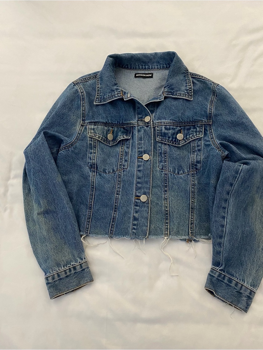 Momokrom Fringe Denim Cropped Jacket Unfinished Raw Hem Medium